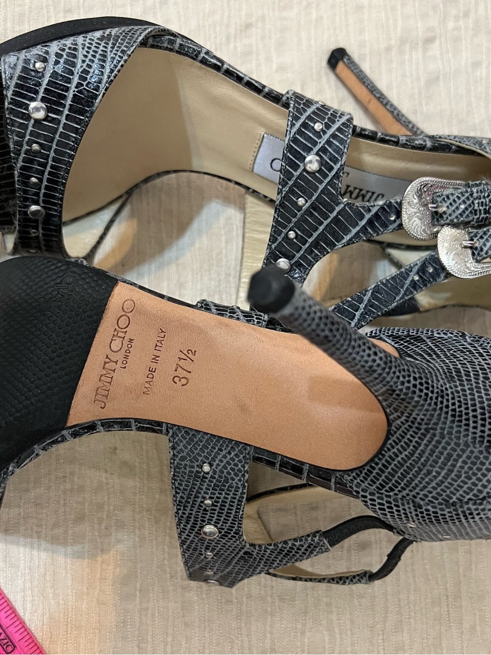 Jimmy Choo Black Snake-Embossed Studded Strappy Stilettos